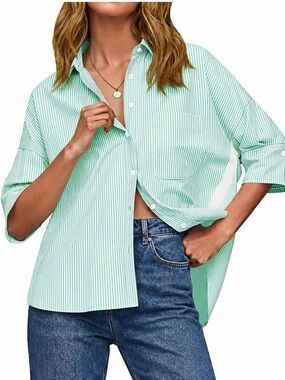 Relaxed Mint Green Striped Button-Down Shirt